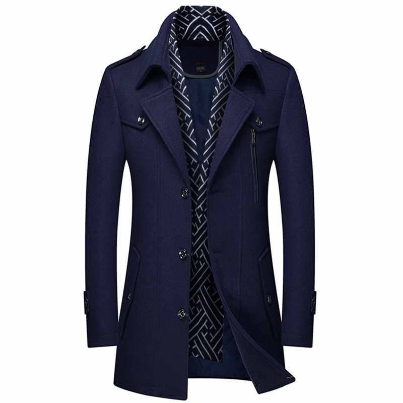 RUELK Autumn And Winter Thick Men's Woolen Windbreaker Trench Coat Scarf Collar Mid-Length Woolen Coat Jacket Men Coat 201222