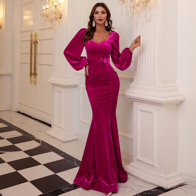 Elegant Prom Dresses Sweetheart Long-sleeves Floor-length Custom made Velvet Fabric Formal Evening Dress Belt Robes De Mariée