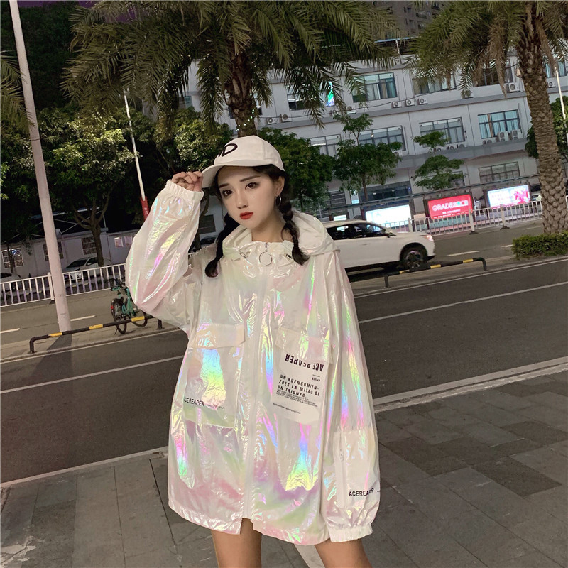 Loose Shiny Jacket Women Casual Neon Jacket Hooded Windbreaker Silver Jacket Summer Thin Jackets Plus Size Long Sleeve Outerwear T200111