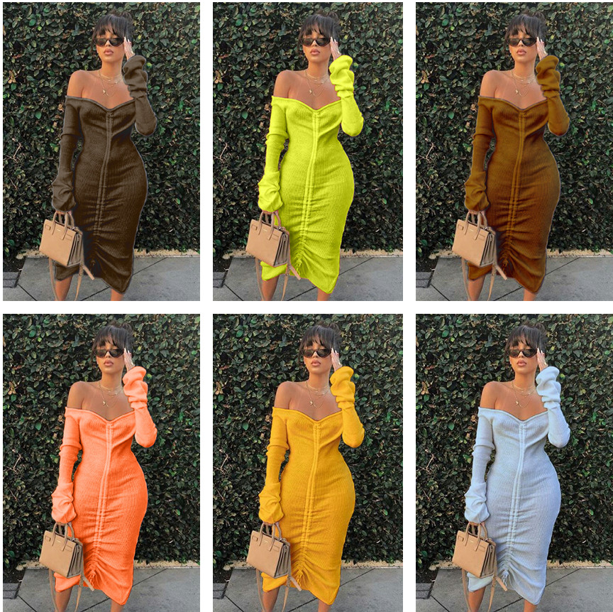 Europe and America Autumn And Winter 2020 new fashion women's off shoulder long sleeve medium length solid color drawstring dress for women, Sky blue
Europe and America Autumn And Winter 2020 new fashion women's off shoulder long sleeve medium length solid color drawstring dress for women, Sky blue