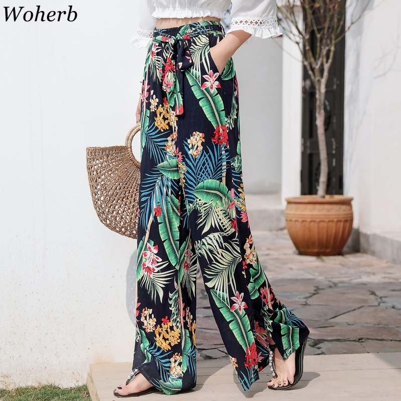 Woherb Bohemia Wide Leg Cotton Silk Pants Women Plus Size Floral Print Boho Pant Bow Bandage Trousers Seaside Holiday Beach Wear 201012