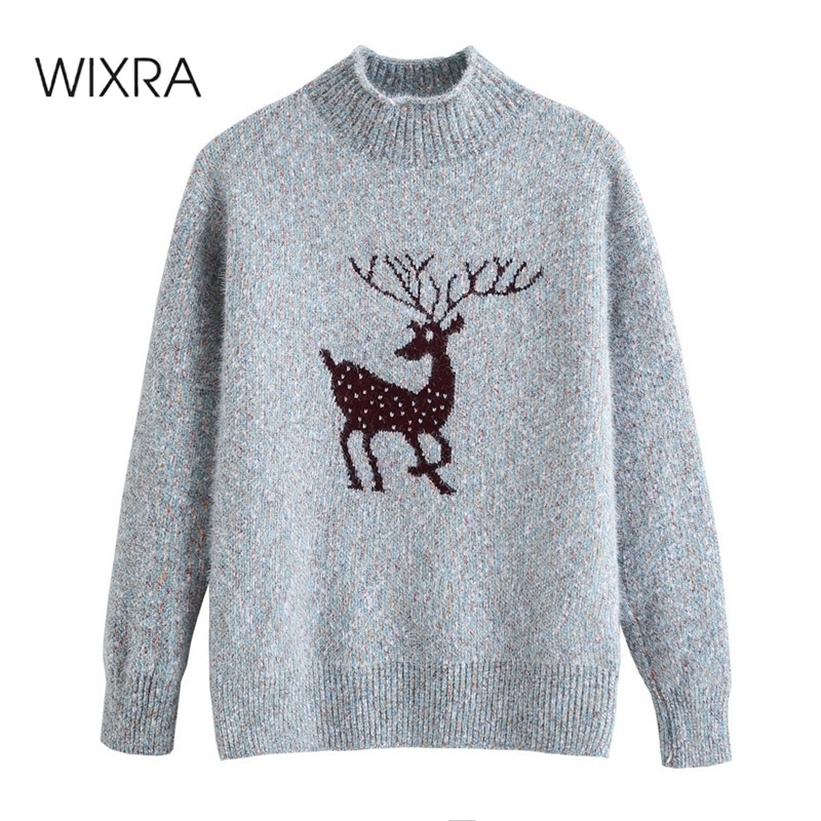 Wixra Christmas Pullovers Sweaters Women Basic Long Sleeve Casual Deer Print Jumpers Holiday Knitted Clothing Autumn Winter 201221