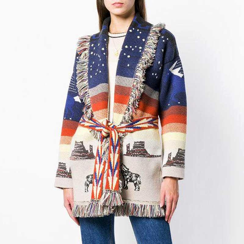 Women's Knits & Tees Boho Inspired Jacquard Cashmere Belted Cardigan Women Warm Fringed Winter Coat Oversized Long Sleeve Sweater