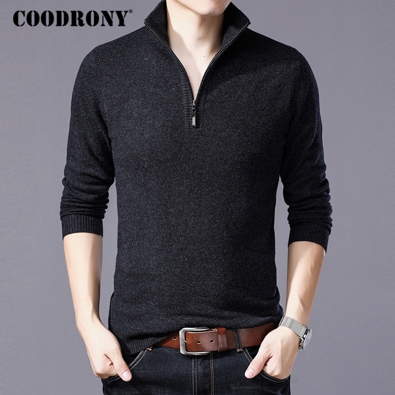 COODRONY Merino Wool Sweater Men Casual Zipper Turtleneck Pullover Men Autumn Winter Thick Warm Mens Sweaters Pull Homme W001 201118