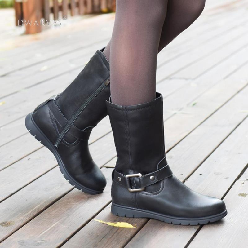 Womens Handmade Retro Leather Mid Calf Boots For Winter Classic Black
