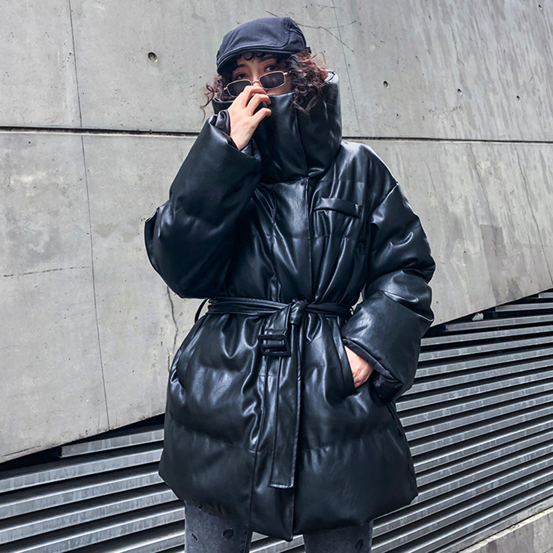 EAM Black Pu Leather Big Size Cottonpadded Coat Long Sleeve Loose Fit Women Parkas Fashion Autumn Winter 19Aa6 201017