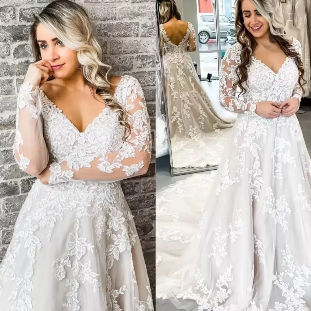 Sexy Plus Size Wedding Gowns Deep V Neck Lace Appliqued Long Sleeves A e Bridal Backless Court Train Arabic Second Reception Dress Vestidos De Novia