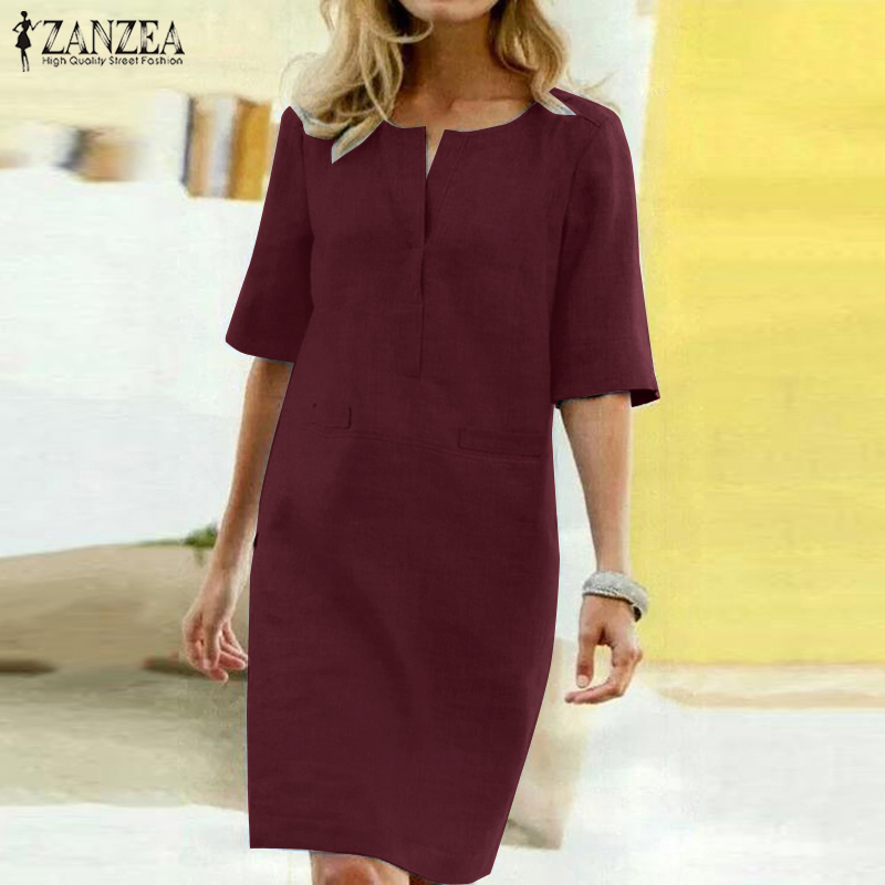 ZANZEA Shirt Dress Women's Summer Sundress Vintage Casual Tunic Vestidos Elegant Female Half Sleeve Party Robe Plus Size T200613