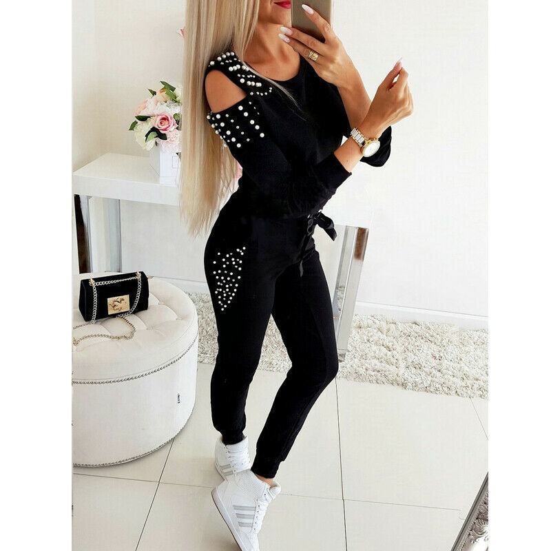 2 Piece Outfits for Women Bead Cold Shoulder Sweatshirt Tracksuit Pant Suit Gym Lounge Wear Jogger Casual Jumpsuit Clothing Set T200116
