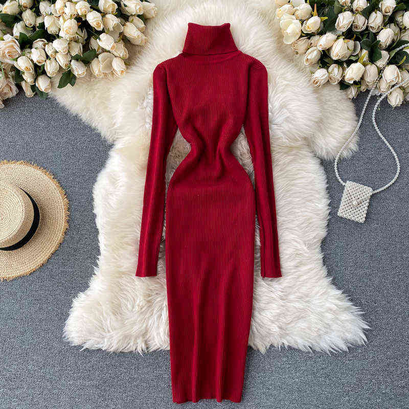 Sweater Dress Winter Turtleneck Warm Long Sleeve Knit Dress Korean Fashion Casual Solid Women Midi Bodycon Dress 211221