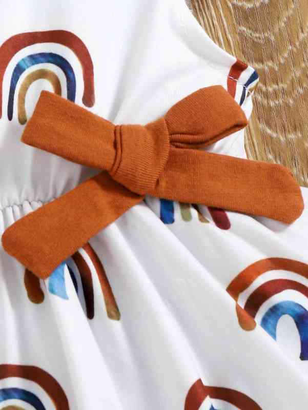 Baby Rainbow Print Ruffle Sleeve Bow Front Combo Bodysuit Dress SHE