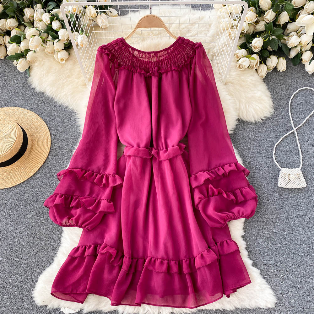 Spring Autumn Purple/Yellow/Blue Chiffon Dress Women Elegant O-Neck Draped Ruffle Vestidos Female Puff Long Sleeve A-Line Robe 2022