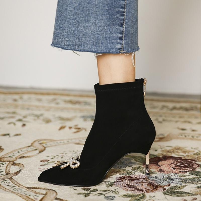 Womens Pointy Toe Rhinestones Beads Bow Ankle Boots Suede Leather Strange Gold Metal Heel Shoes Black Bowknot
Womens Pointy Toe Rhinestones Beads Bow Ankle Boots Suede Leather Strange Gold Metal Heel Shoes Black Bowknot