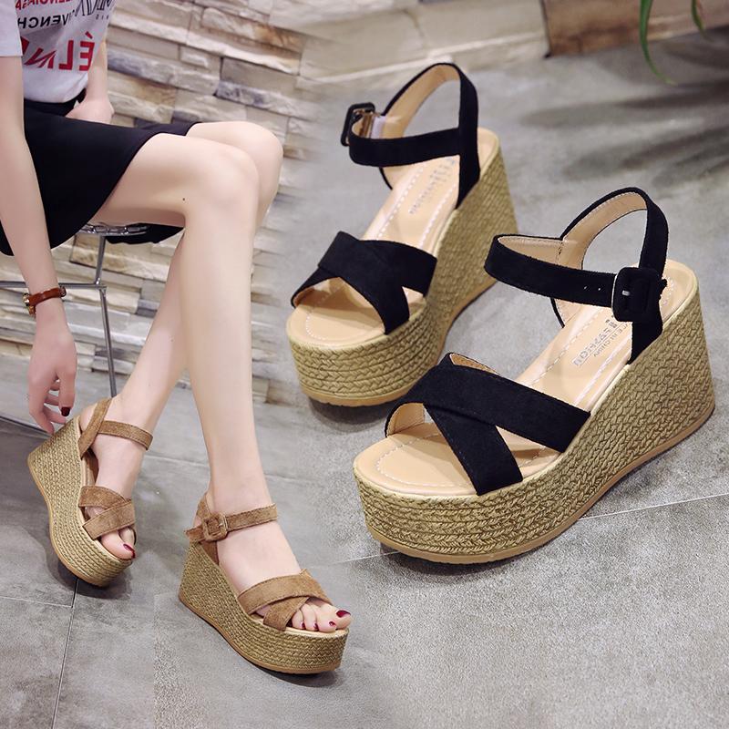 Retro High Sandals Nice New Female Summer High Heel Sandals Muffin Straps Women Shoes, Black