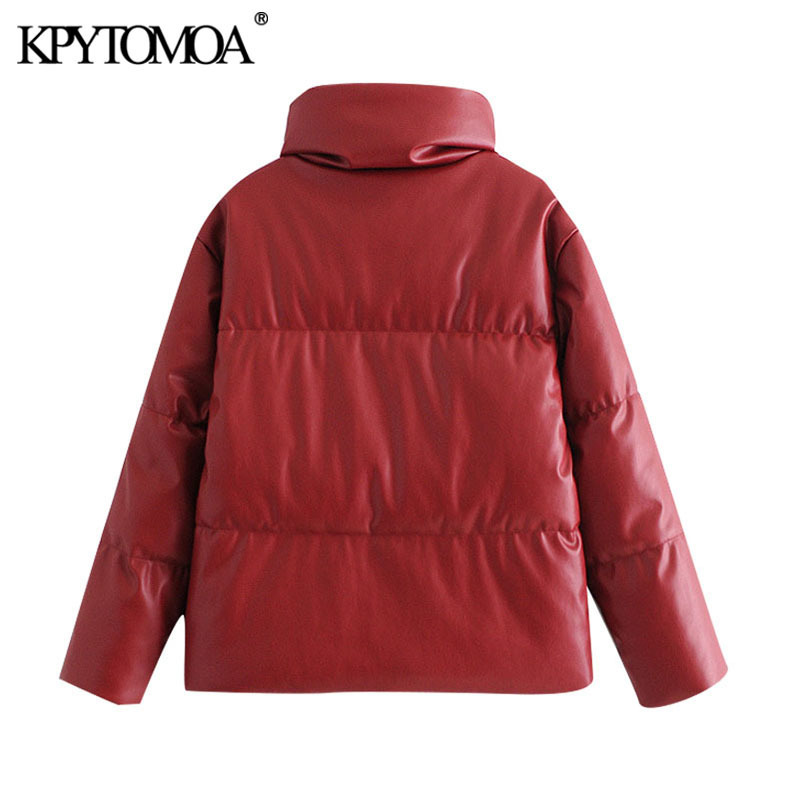 KPYTOMOA Women Fashion Thick Warm Parkas Faux Leather Padded Jacket Coat Vintage Long Sleeve Pockets Female Outerwear Chic Tops 201201
