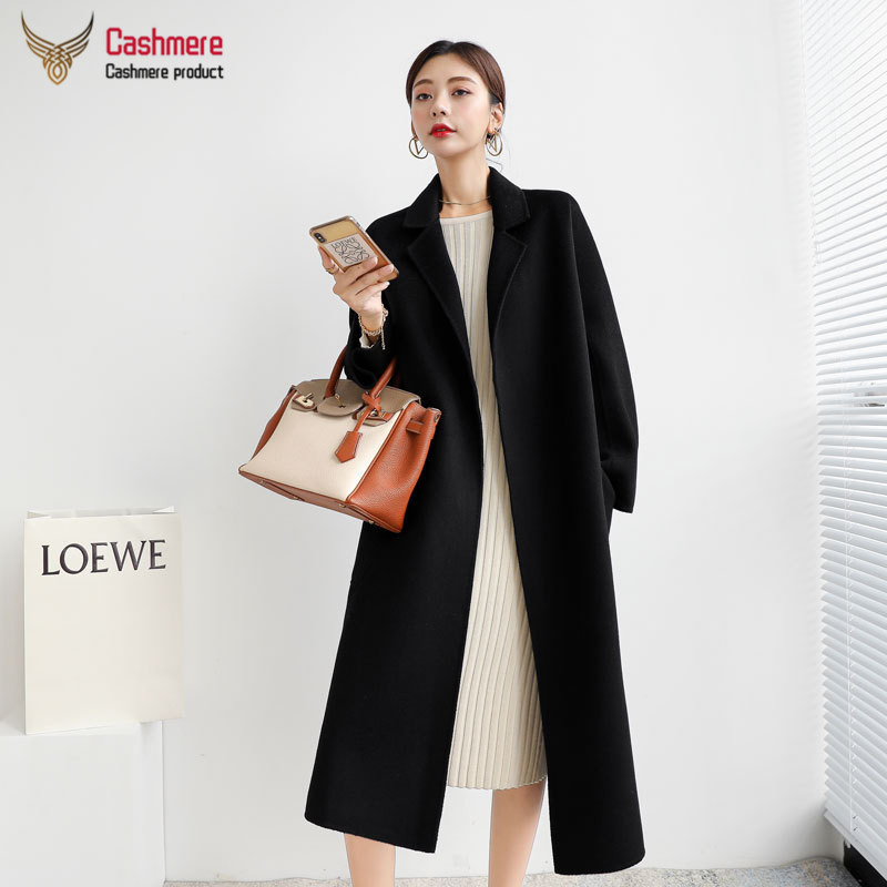 High quality water ripple double-faced cashmere women's long windbreaker new wool women winter red coat 201223