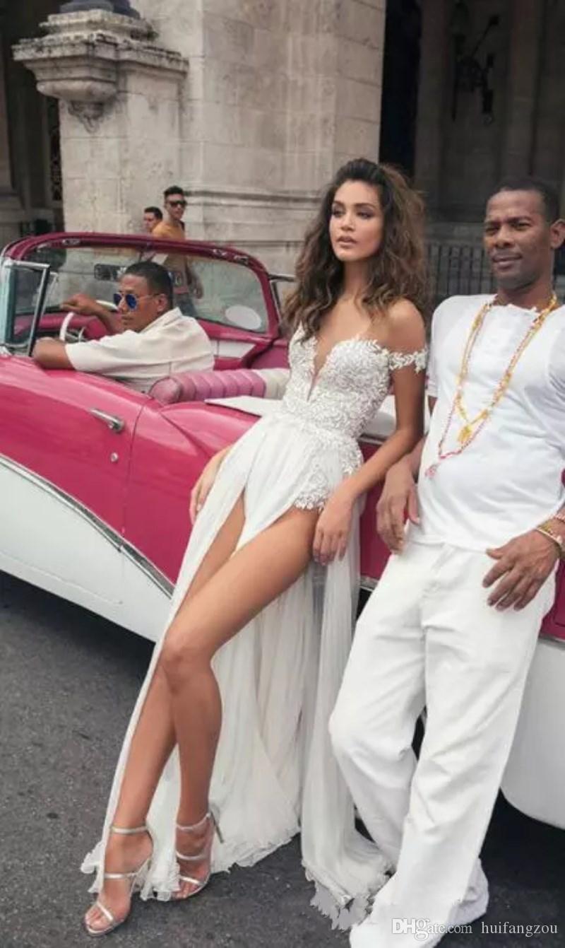 Julie Vino A Line Wedding Dresses Sexy High-split Ruched Lace Applique Beach Wedding Gowns Sweep Train Backless Plus Size Bridal Dress