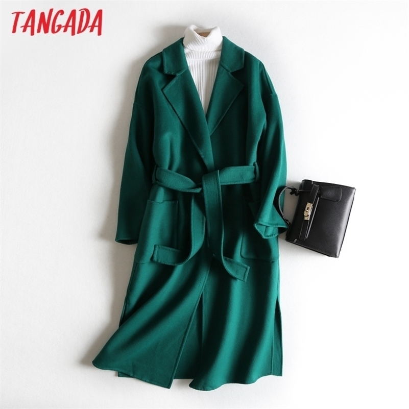 Tangada Women Elegant Green 100 Wool Long Coats With Slash Long sleeves Autumn Winter Female Overcoat high quality 4R2 201216