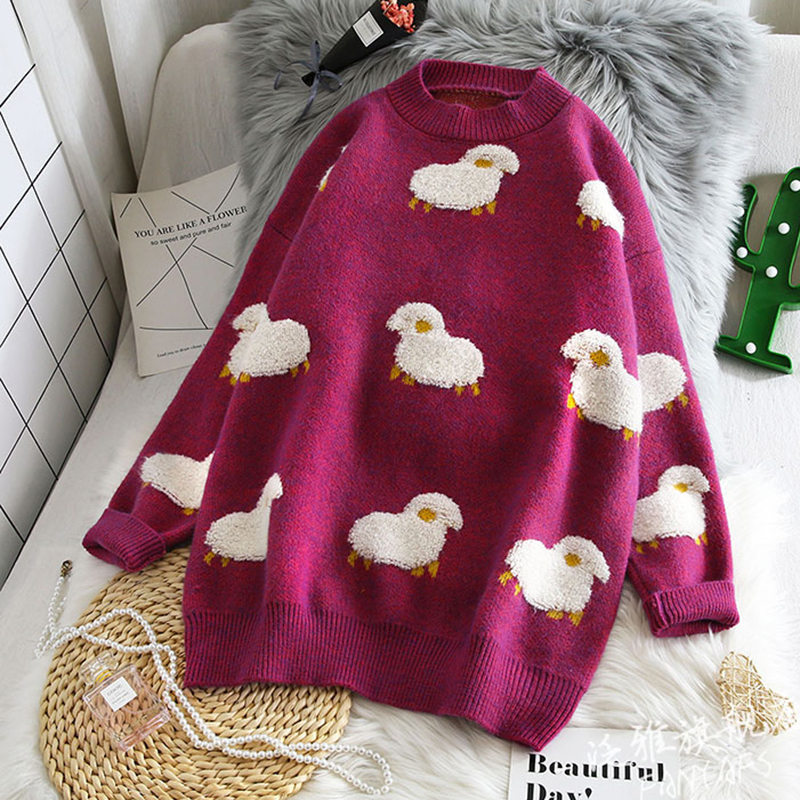 AZYT Cartoon Sheep Print Pullover Sweater Women O Neck Loose Knit Women's Jumpers Autumn Winter Fashion Knitwear Coat 201130