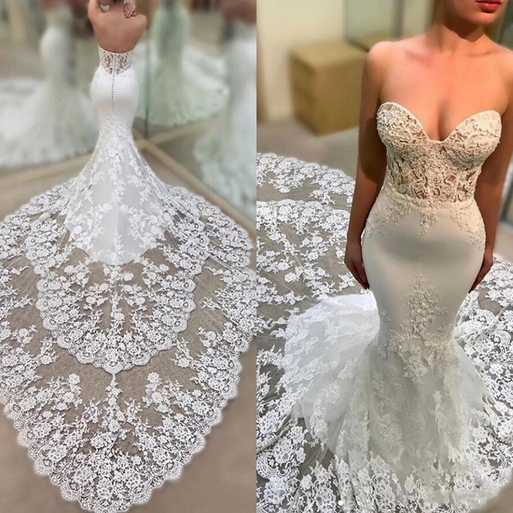 2021 Vintage Arabic Aso Ebi Mermaid Wedding Dresses Formal Bridal Gowns Open Back Sweetheart Illusion Lace Appliques Crystal Beaded Tiered Chapel Trai