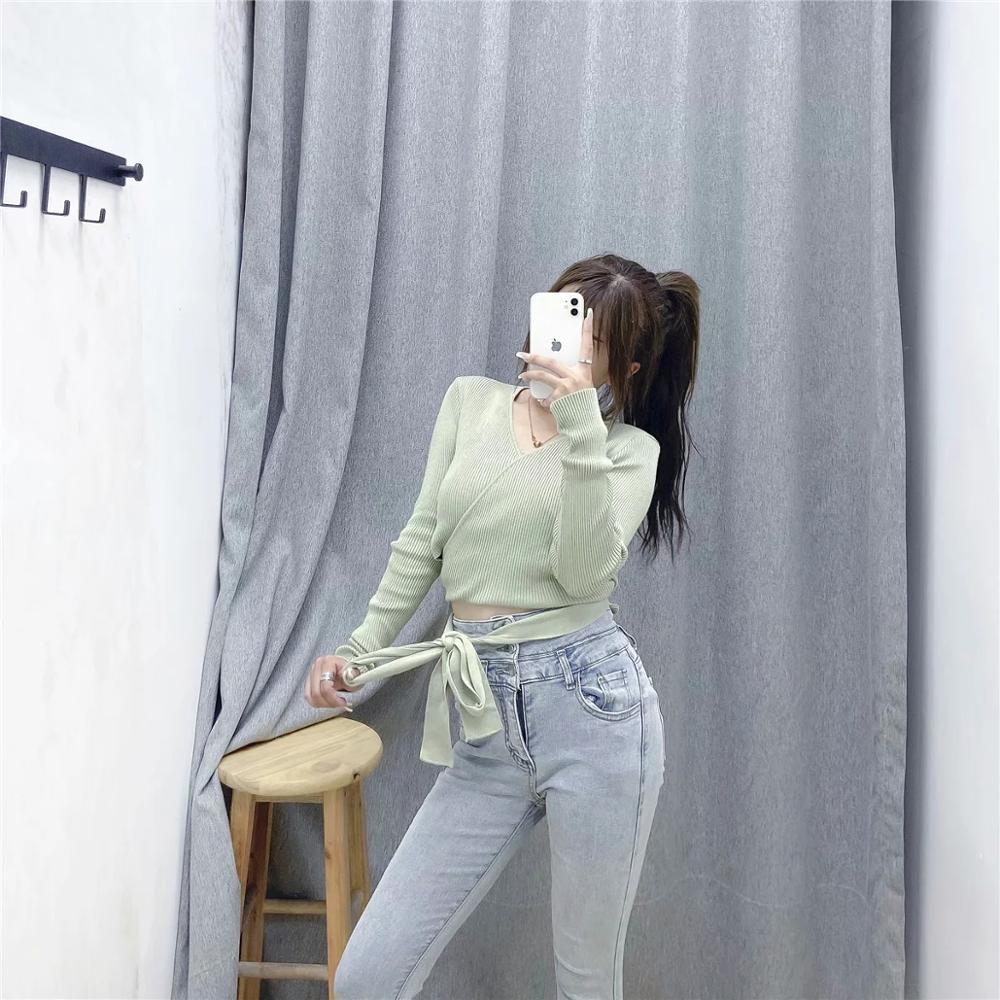 XNWMNZ Za women knit crossover top Long sleeve top with a crossover V-neckline tie fastening at the waist Female Chic Sweaters 201222