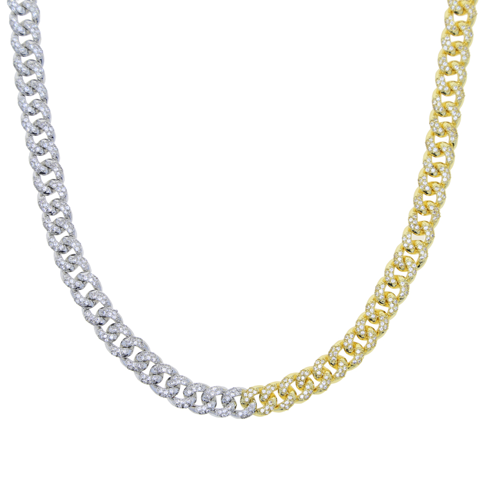 New Arrival Silver Gold Color Two Tone Cuban Chain Micro Pave 5A Clear CZ 7mm Width Miami Cuban Link Chain Choker Women Necklace