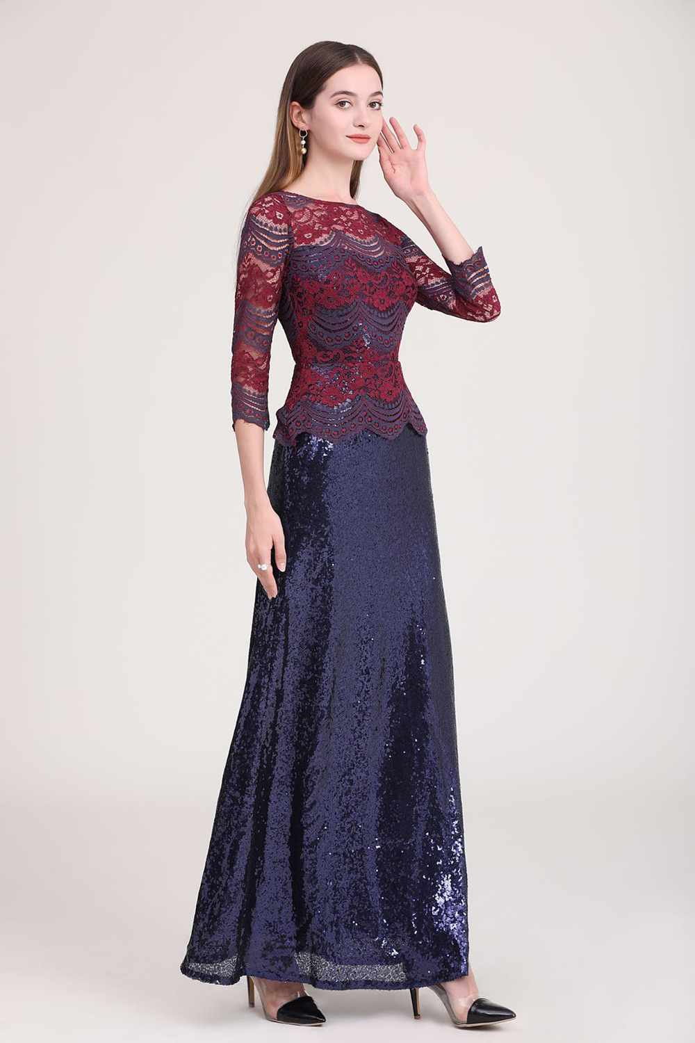 Women's Party Dress O Neck Embroidery Lace Long Sleeves Patchwork Sequined Elegant Maxi Runway Prom Dresses