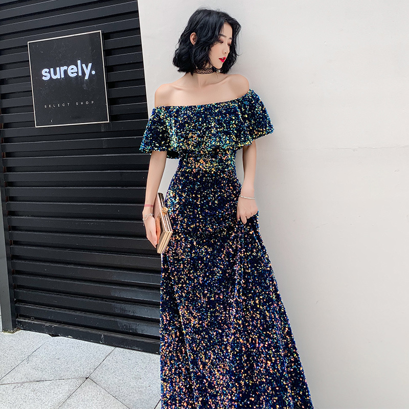 New Sequins Evening Dress Long Vintage Prom Dress Shiny Off the Shoulder Evening Gown ALine Banquet Formal Evening Dress 201114