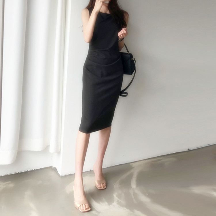Summer Retro High Waist Draped Dress Female New Fashion Sexy Sleeveless Bag Hip Slimming pencil Dress work Vestidos T200416