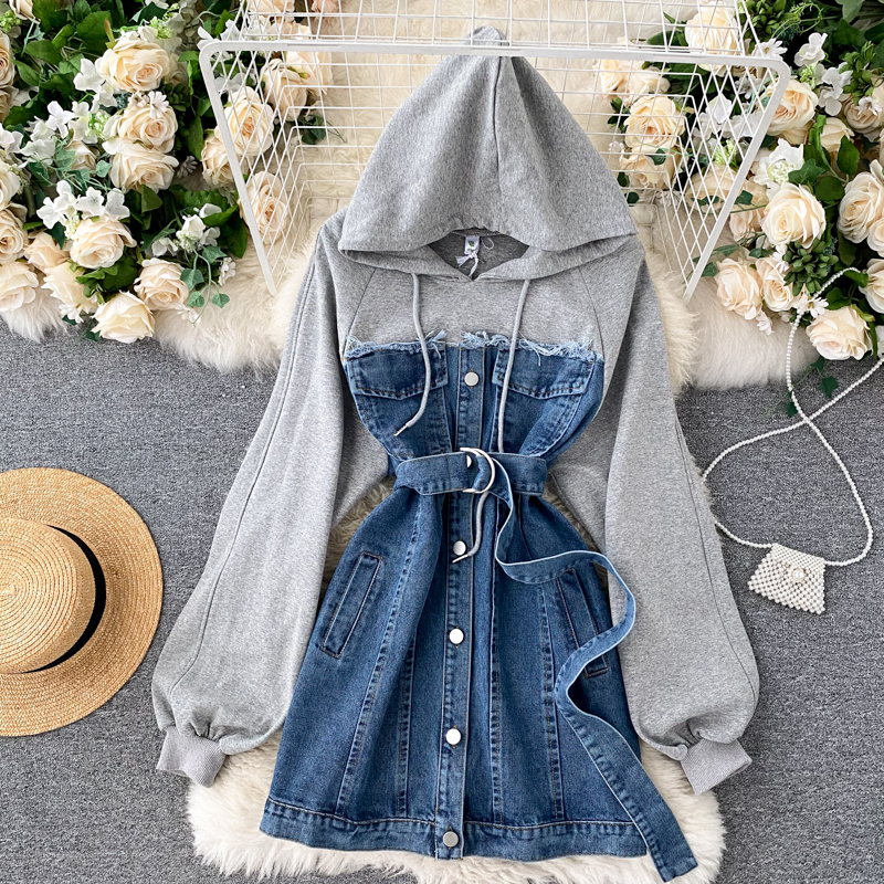 2021 New Korean of the new hooded sweater denim stitching lace-up waist tooling age-reducing trendy dress 3AGF, Black
2021 New Korean of the new hooded sweater denim stitching lace-up waist tooling age-reducing trendy dress 3AGF, Black