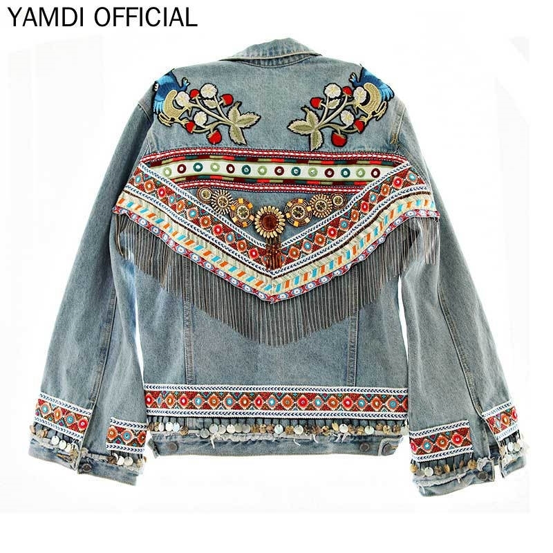 YAMDI Women Embroidered Denim Jacket Vintage Long Sleeve Coat Festival Runway Embellished Jacket Chic Ladies Chaqueta 201017