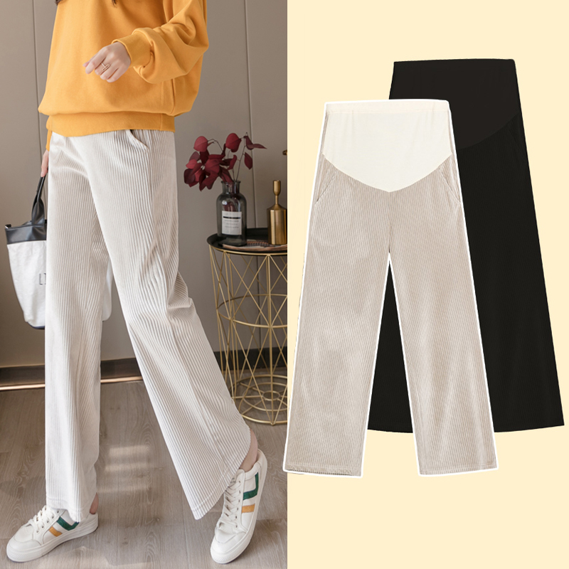 988# Autumn Winter Thick Corduroy Maternity Pants Wide Leg Loose 9/10 Belly Pants Clothes for Pregnant Women Pregnancy Trousers LJ201120