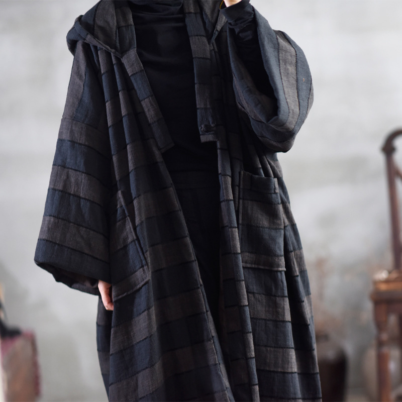 Johnature Women Vintage Cotton Parkas Coats Spring Striped Loose Simple Casual Warm Cotton Long Hooded Coats 201017