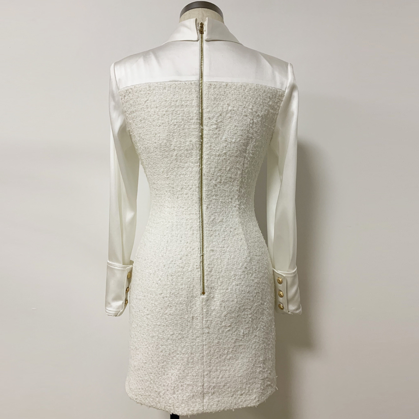HIGH STREET New Stylish ner Dress Women's Long Sleeve Satin Tweed Patchwork Lion Buttons Dress 201125