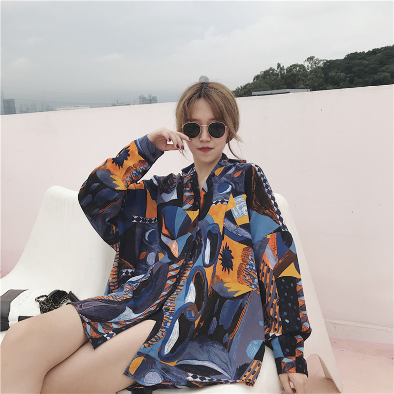 [DEAT] Spring New Fashion Turn Down Collar Loose Print Long Sleeve Printed Long Shirt Women's Blouse Famle Free Size WB024 201029