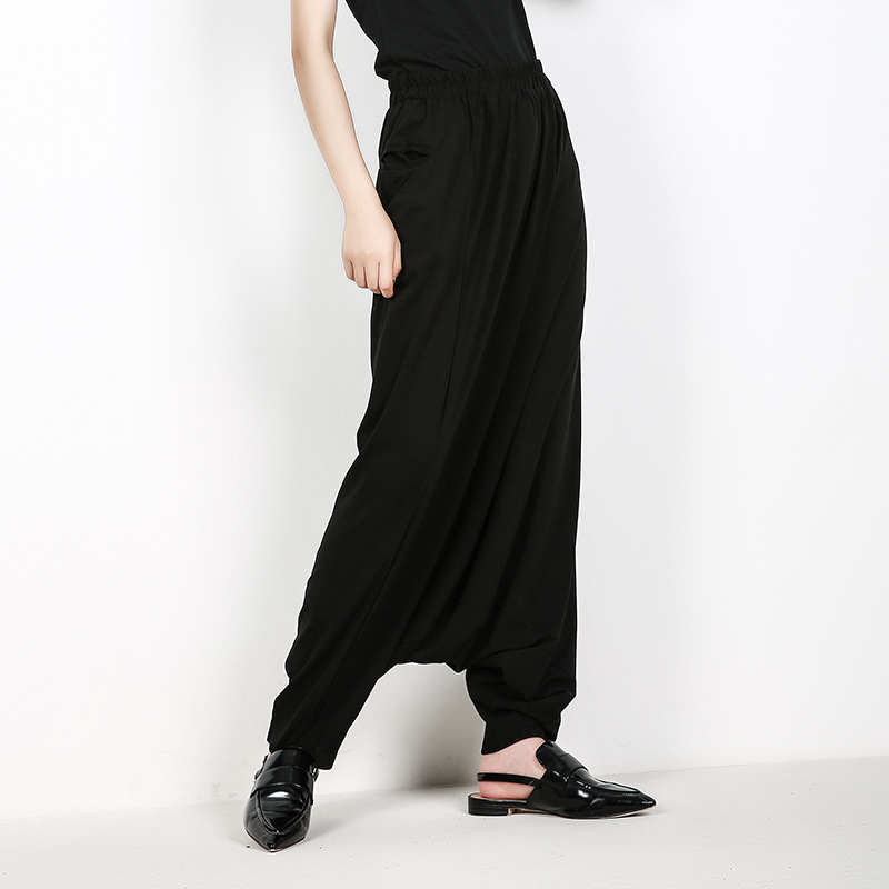 EAM Spring High Elastic Waist Brief Black Pocket Leisure Loose Cross-pants Women Fashion All-match JF596 201228