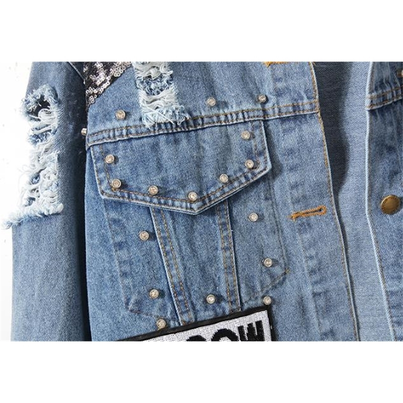 Women's Ladies Bear Patch Denim Jacket With Sequins Pins Women Punk Beadings Long Sleeve Loose Street Wear Jeans Jackets Coat 201106