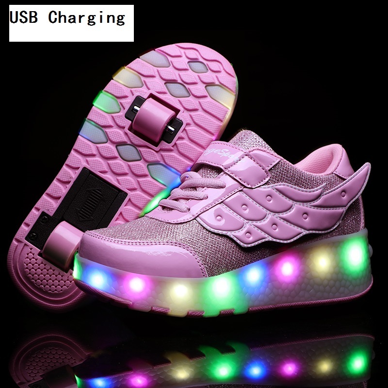 Children One Two Wheels Luminous Glowing Sneakers Gold Pink Led Light Roller Skate Shoes Kids Led Shoes Boys Girls USB Charging Y241127