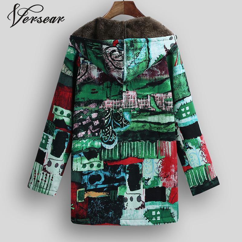 Versear Ethnic Women Jacket Colorful Graffiti Print Faux Fur Lining Hooded Coats Casual Long Sleeve Pockets Outerwear Plus Size
