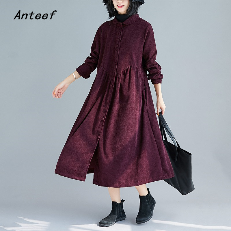 long sleeve plus size corduroy vintage women casual loose autumn winter party elegant shirt dress clothes ladies dresses 201125