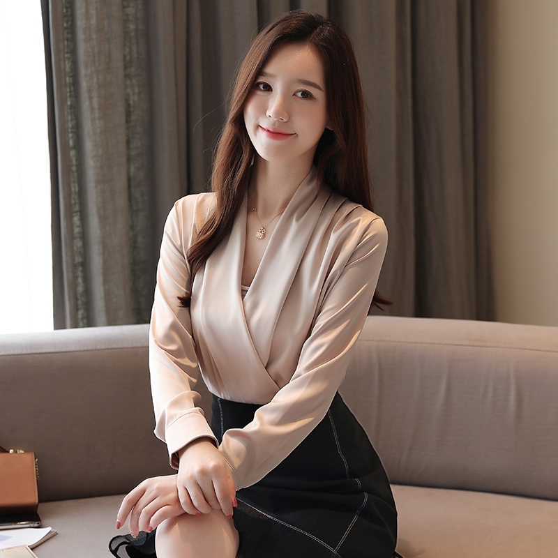 Autumn Korean Fashion Silk Satin Solid Womens Tops and Blouses Plus Size XXL Pink Long Sleeve Women Shirts T200502