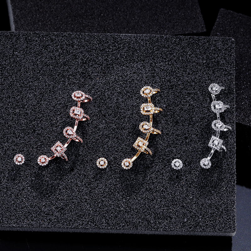Punk Style AAA Cubic Zirconia Rose Gold White Geometric Ear Bone Cuff Earring Bijoux Womens Iced Out Earrings Studs Jewelry Gifts for Girls