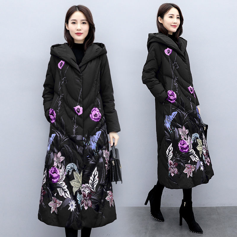 Outerwear Coats Women's Mid-length Winter Retro Hooded Padded Parka Chinese Style Printed Jacket Folk Style Clothing y075 201029