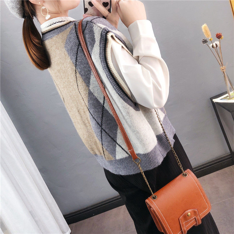 Cardigan vest women knit autumn and winter loose check sleeveless waistcoat sweater vest jacket college style 201223