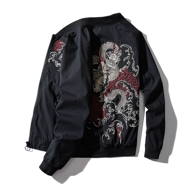 Bomber Jacket Men Chinese Dragon Embroidery Pilot Jacket Retro Punk Hip Hop Jacket Autumn Youth Streetwear High Street Hipster 201118