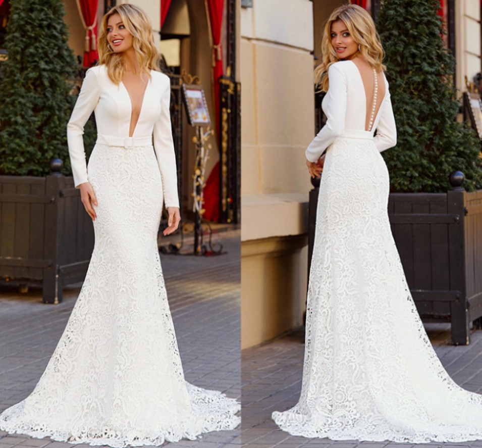 Long Sleeves Mermaid Wedding Dresses 2021 V Neck Lace Satin Lace Bridal Dress Custom Made Backless Wedding Gowns Vestido De Noiva