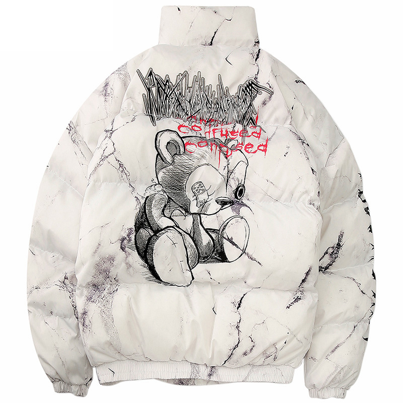 Hipster Down Jacket Cartoon Bear Print Parka Harajuku Streetwear Windbreaker Winter Coat Men Clothes 201214