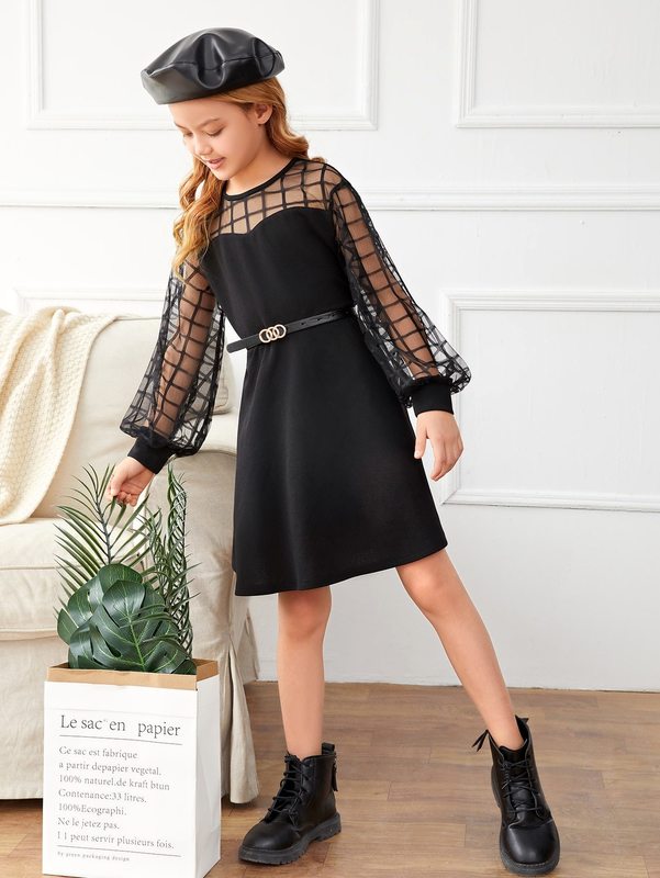 Girls Contrast Plaid Mesh Lantern Sleeve Dress SHE