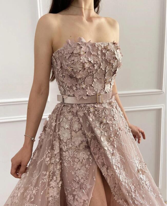 Tuscan Pink Flowers Evening Dresses with Overskirt strapless 3D Floral Sexy Slit Flattering Prom Pageant Gownvestido novia