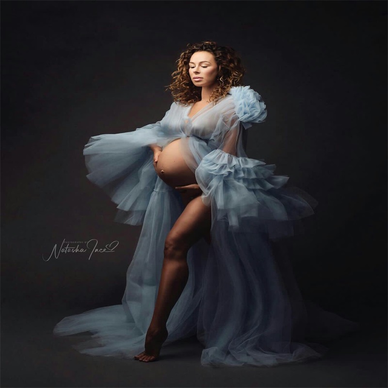 Chic Night Gown Sexy V Neck Tiered Ruffles Tulle Pregnant Dress Bride Sleepwear Long Sleeves Robes Custom Made Women Sleepwear Dresses